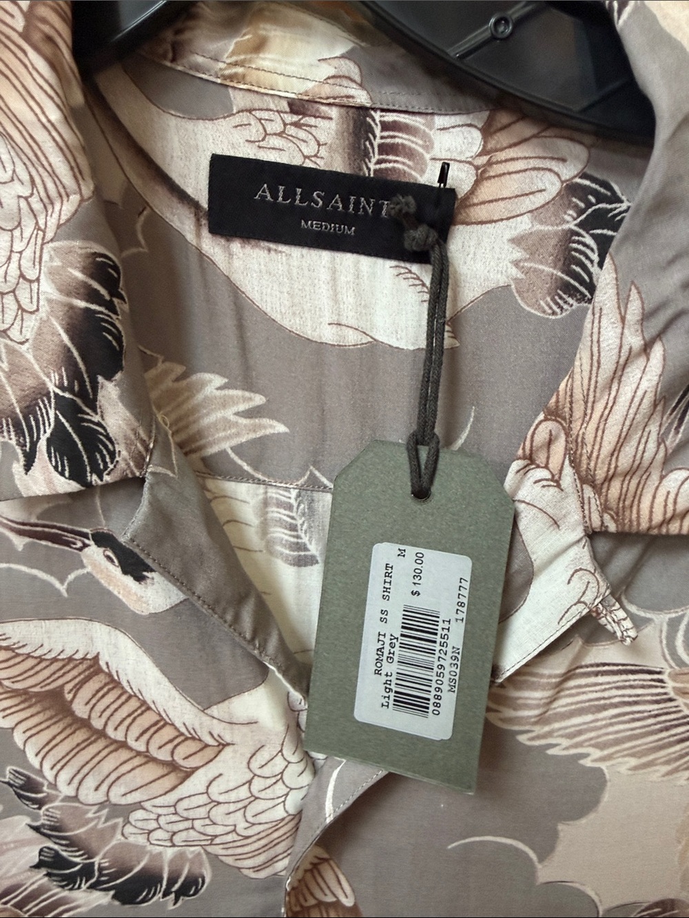 All Saints Grey Crane-Print Short Sleeve Button-Up Shirt - Picture 3 of 3